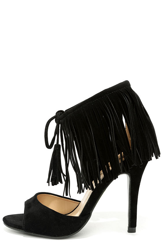 black high heels with fringe