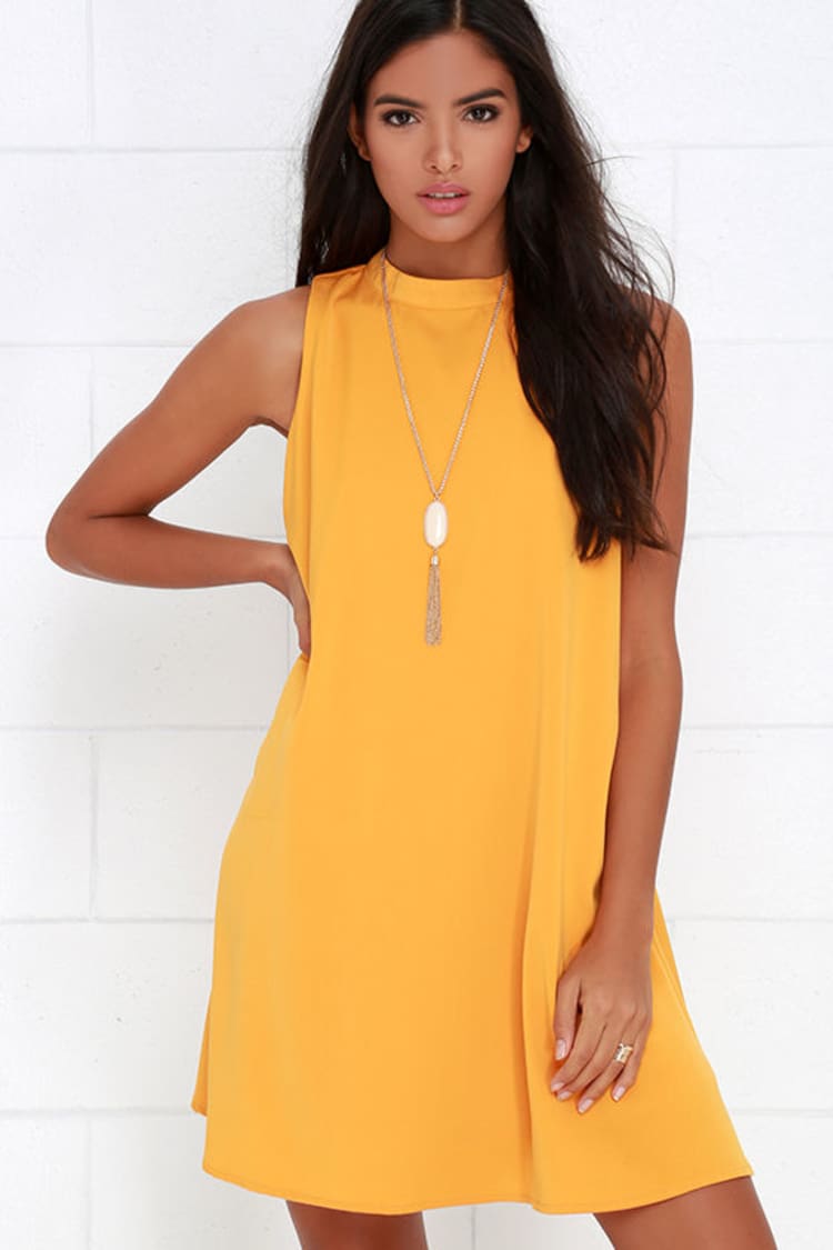 mustard yellow swing dress Cute Mustard Yellow Dress - Swing Dress - Sleeveless Mini Dress