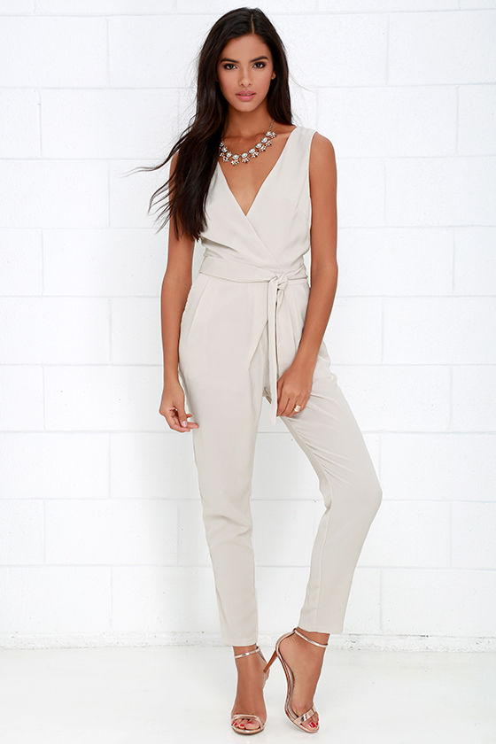 Light Beige Jumpsuit - Sleeveless Jumpsuit - High-Waisted Jumpsuit ...