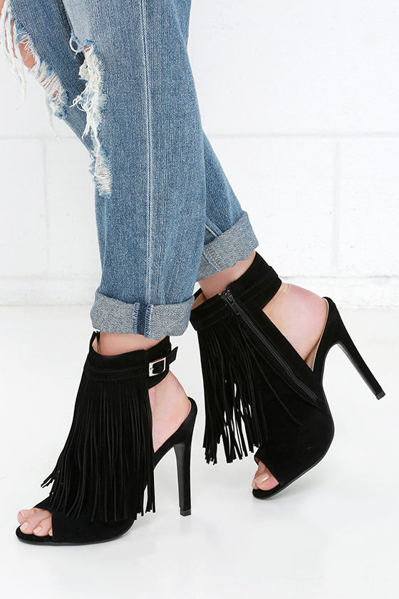 black high heels with fringe