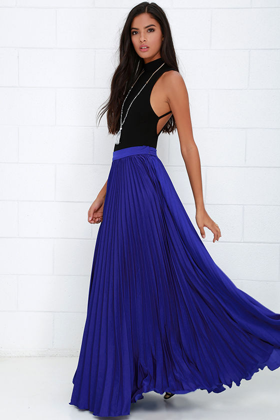 royal blue pleated maxi skirt