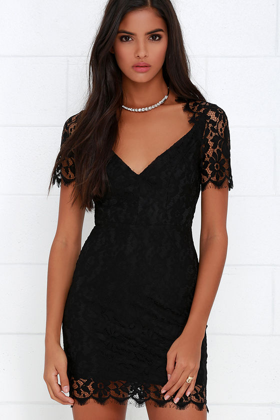 Black Dress Lace Dress Short Sleeve Dress 56.00 Lulus