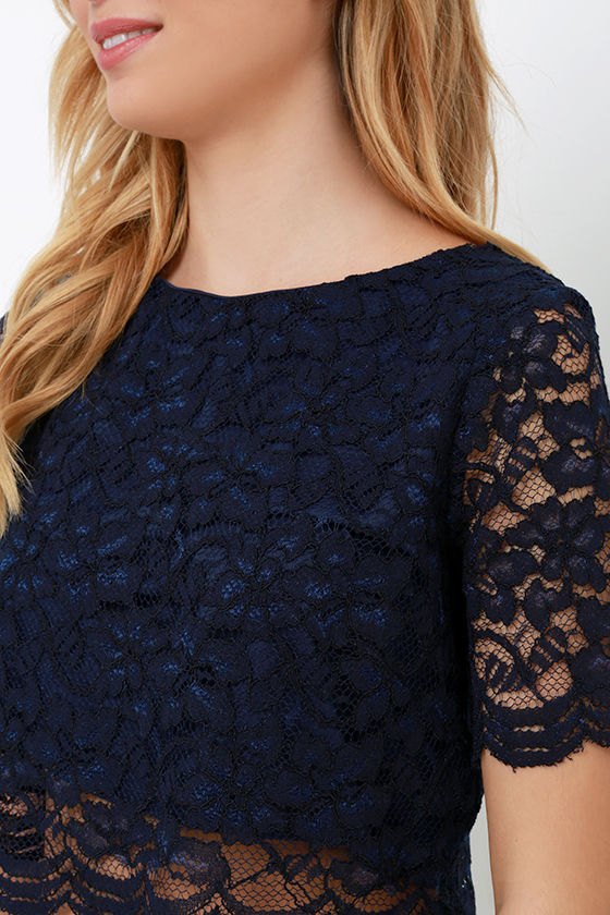 Lace Top - Short Sleeve Top - Crop Top - Navy Blue Top - $35.00