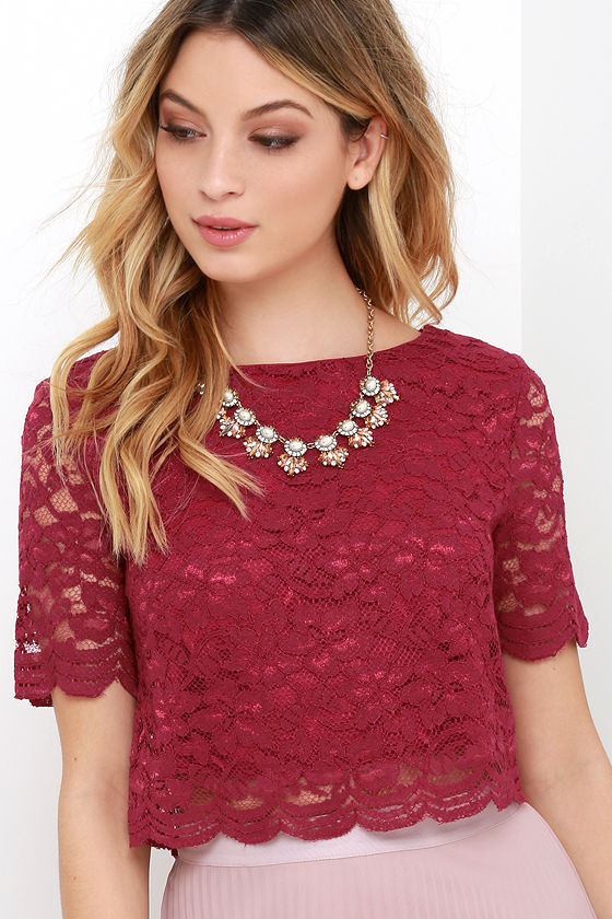 Lace Top Short Sleeve Top Crop Top Wine Red Top 35.00 Lulus