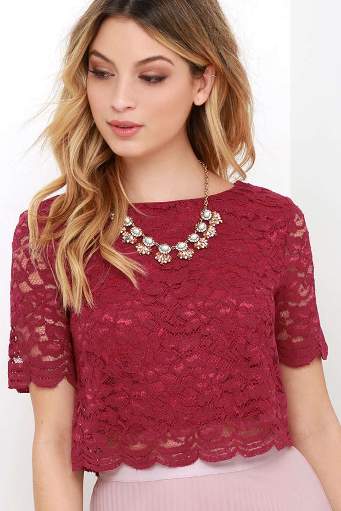 Lace Top Short Sleeve Top Crop Top Wine Red Top 35.00 Lulus