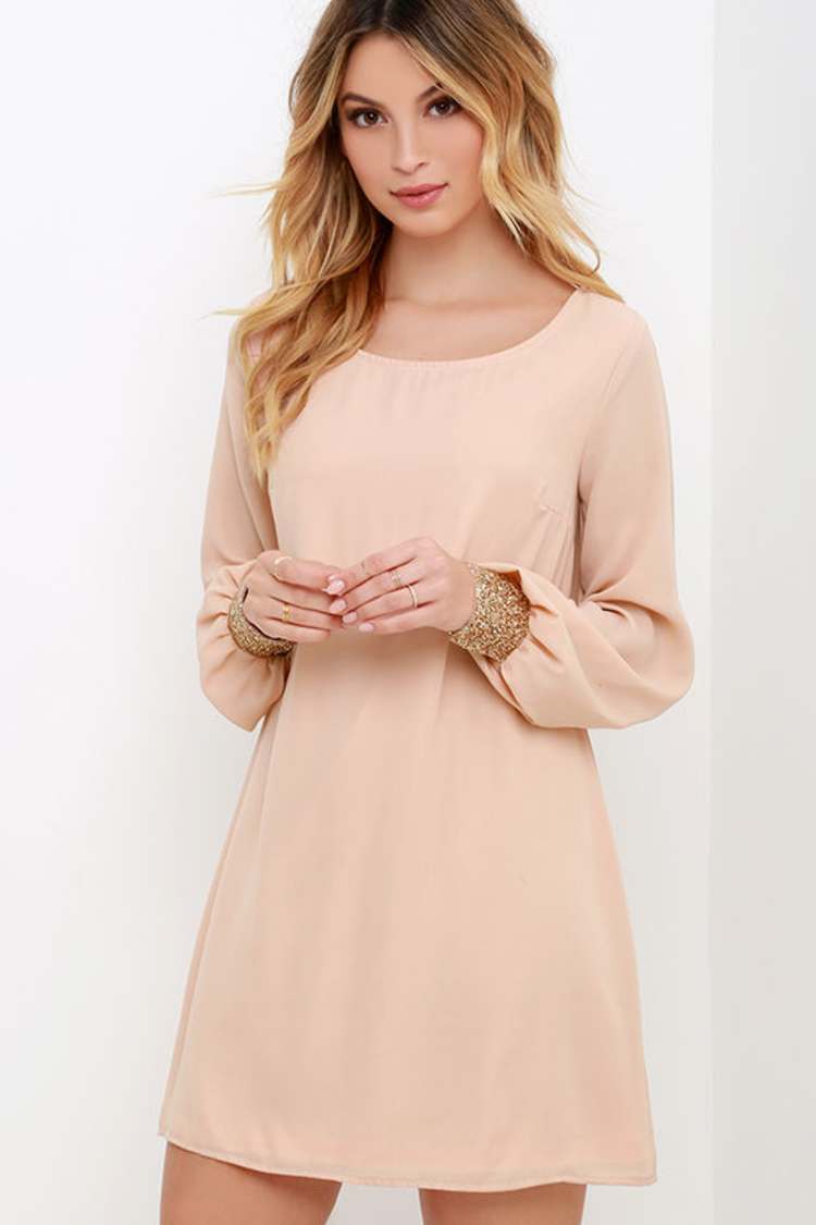 light pink long sleeve shift dress Long Sleeve Dress- Shift Dress - Blush Dress - $59.00