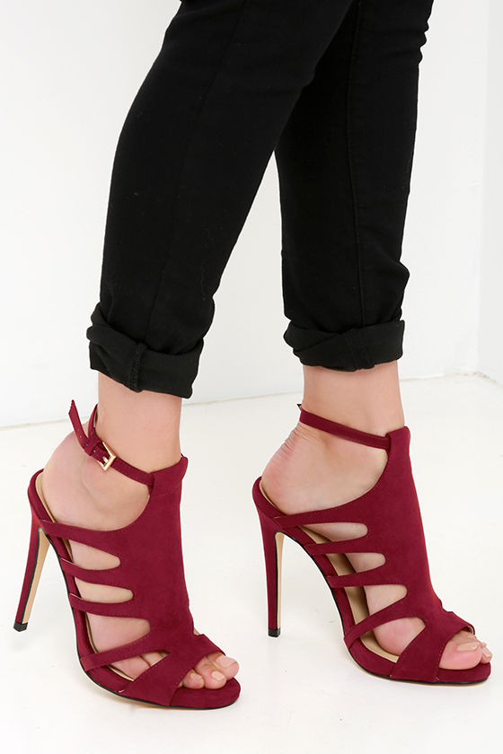 Cute Wine Red Heels Suede Heels Caged Heels 48.00