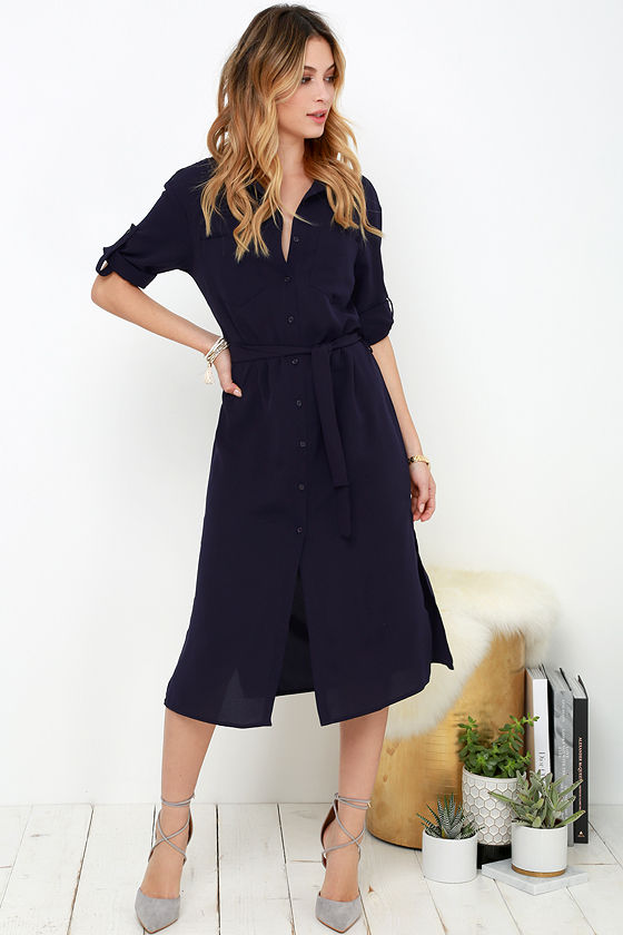 Chic Navy  Blue Dress  Shirt  Dress  Belted  Dress  86 00