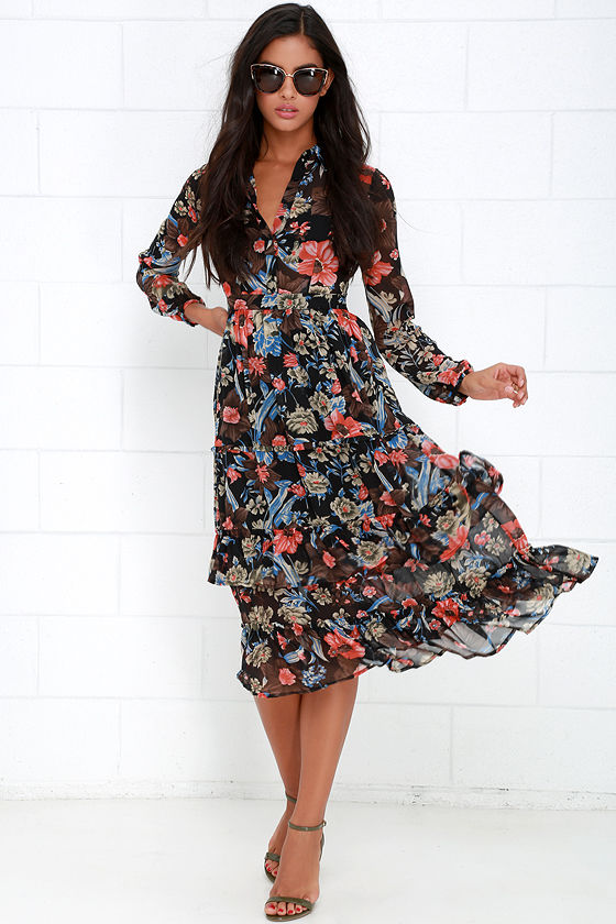long sleeve printed midi dress