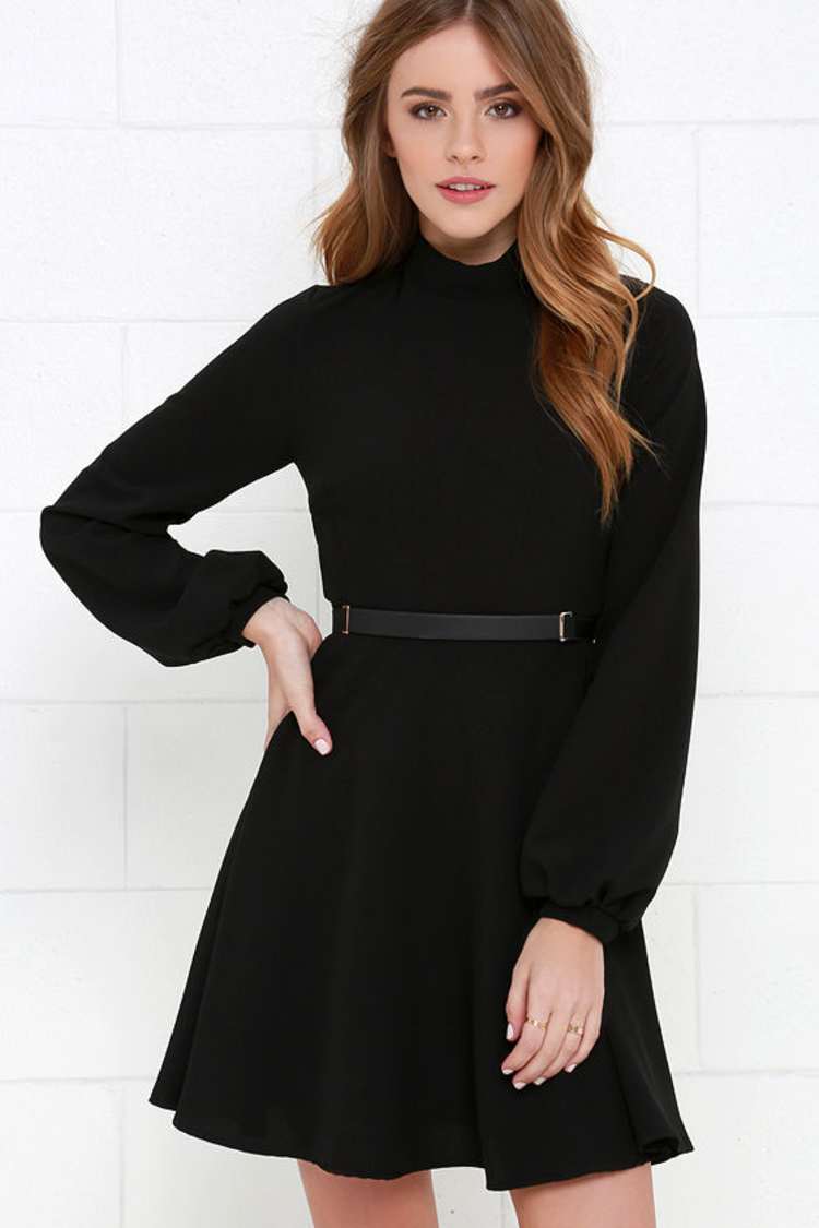 long sleeve black dress fit and flare The Black Square Neck Flare Sleeve Midi Dress main image 0