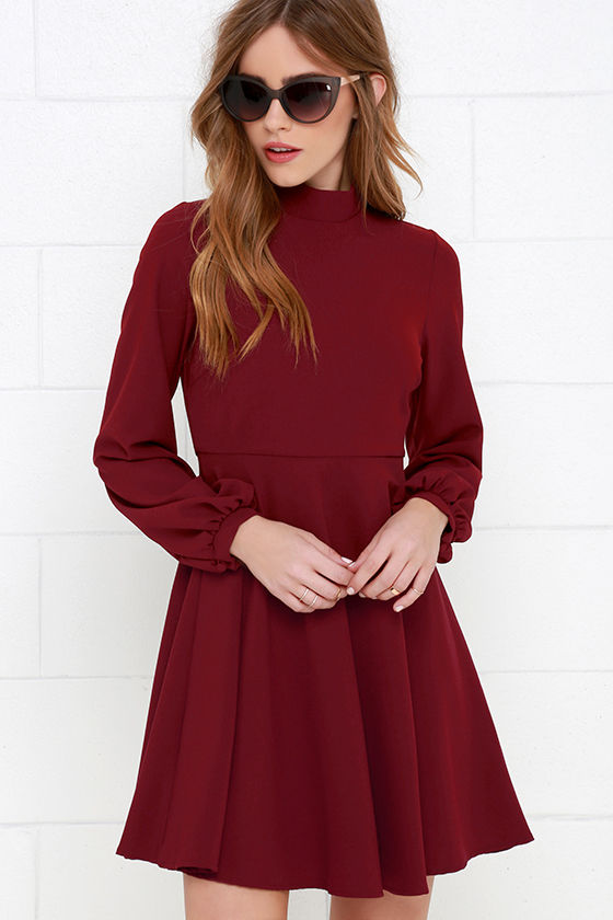 red long sleeve fit and flare dress