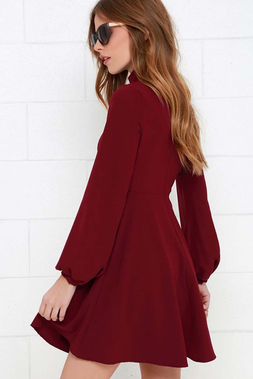 Fun Wine Red Dress - Long Sleeve Dress - Fit-and-Flare Dress - $56.00 -  Lulus