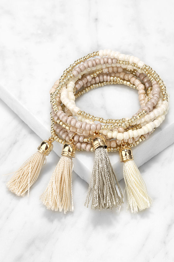 Boho Gold Bracelets - Taupe Bracelet Set - Tassel Bracelets - $17.00 ...