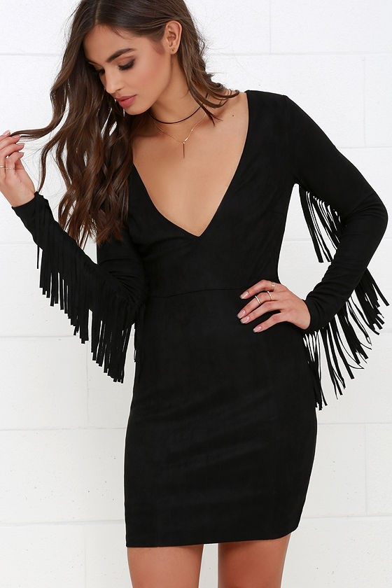 black long sleeve fringe dress