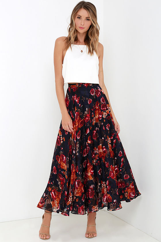 Navy Blue Floral Print Skirt Maxi Skirt HighWaisted Skirt 79.00