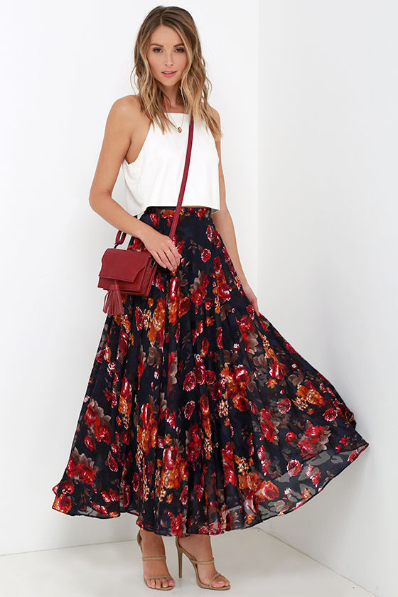 Navy Blue Floral Print Skirt Maxi Skirt HighWaisted Skirt 79.00