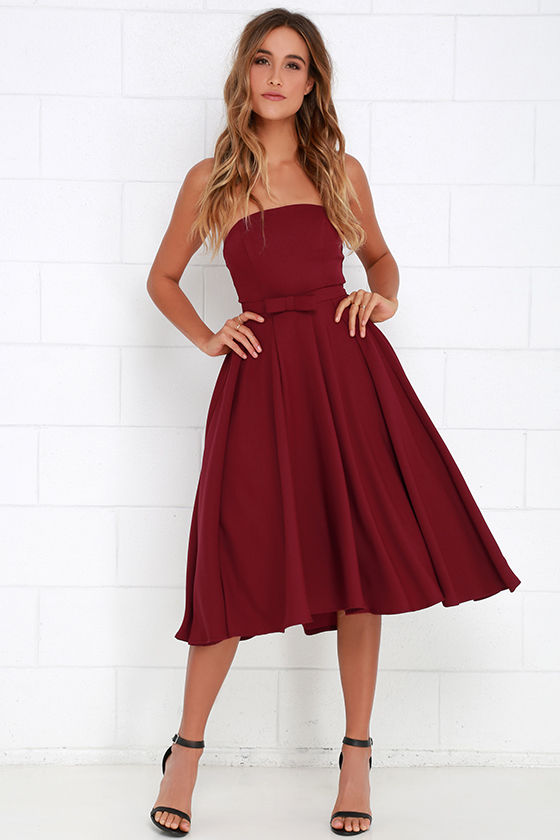 Lovely Wine Red Dress Midi Dress Strapless Dress Tulle Dress