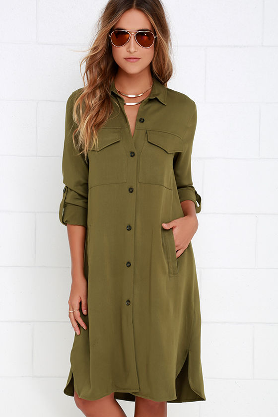 olive green button down dress