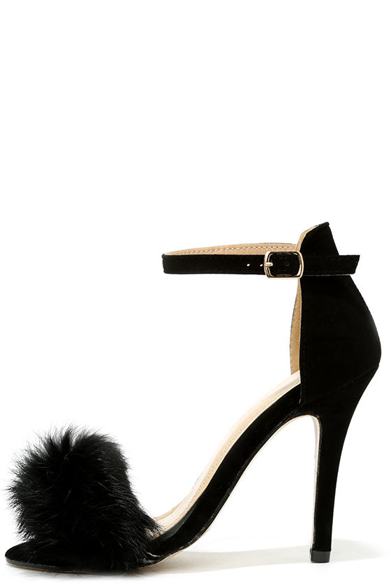 Femme Black Fur Ankle Strap Heels 