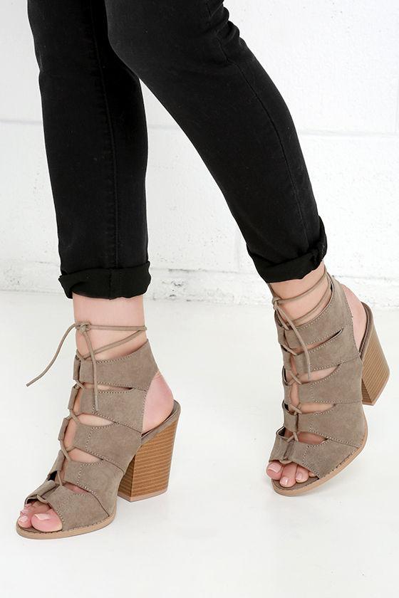 Cute Taupe Sandals - Block Heel Sandals 