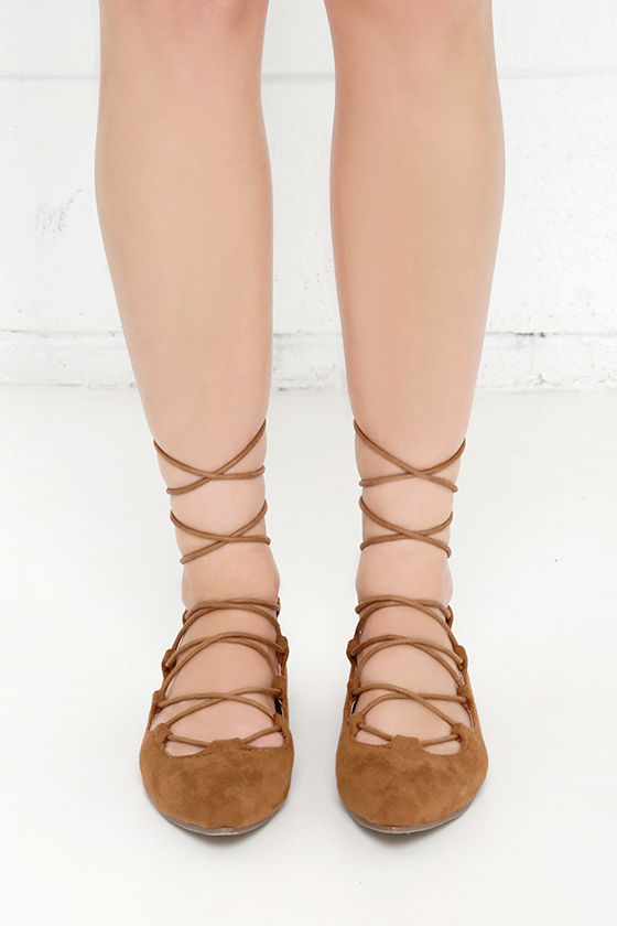 Cute Tan Flats - Suede Flats - Lace-Up Flats - $25.00