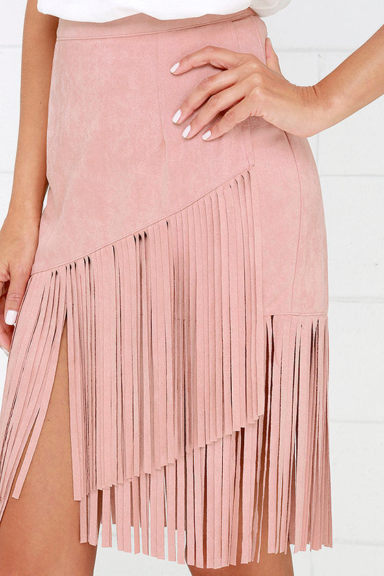 Cool Vegan Suede Skirt Blush Skirt Fringe Skirt Midi Skirt 42.00