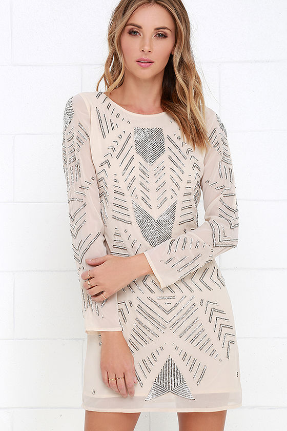 long sleeve white beaded dress