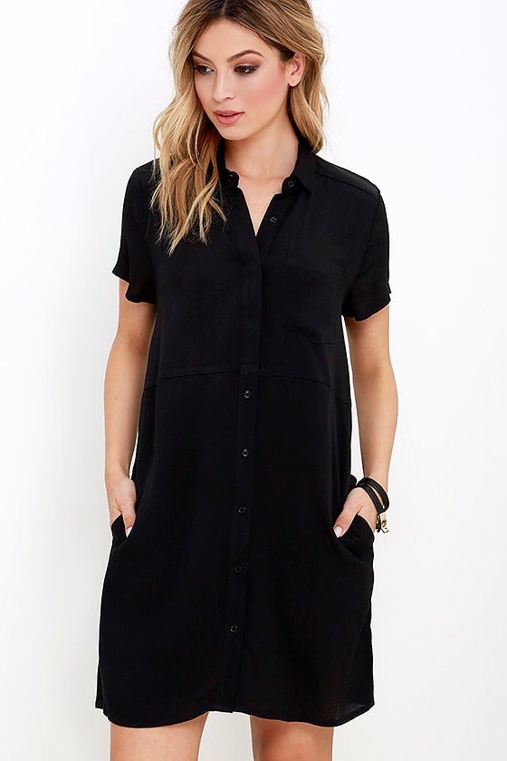 black dress with shirt over