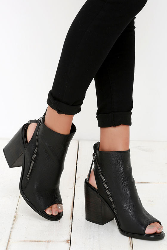 black leather open toe booties