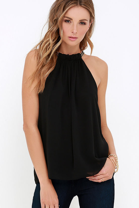 Lovely Black Top Gold Chain Top Sleeveless Blouse 38.00