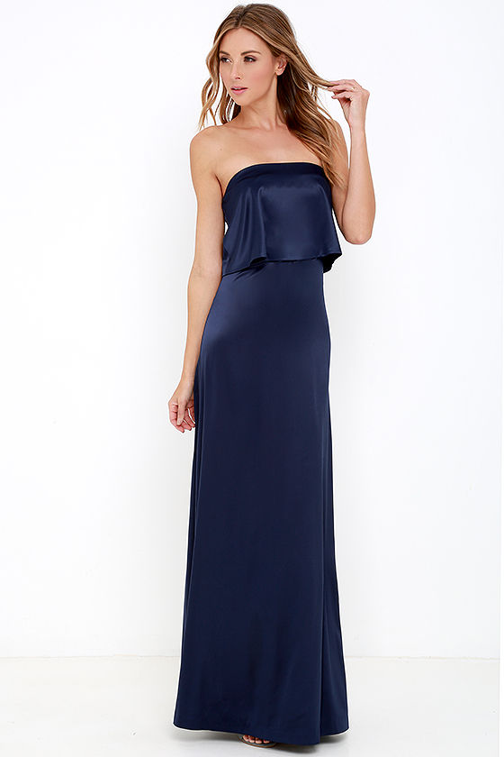 navy blue satin maxi dress