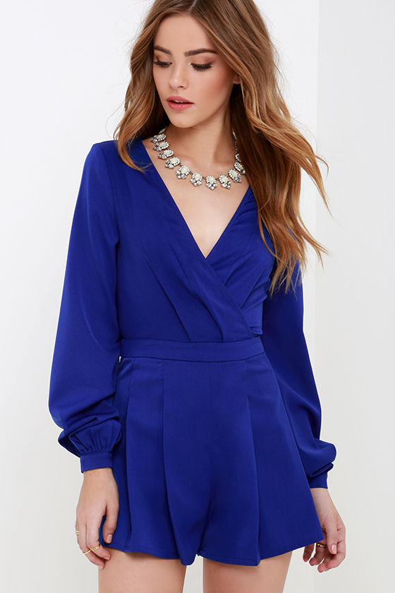 Cute Royal Blue Romper - Long Sleeve Romper - Pleated Romper - $54.00 ...