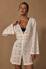 City of Angels White Crochet Lace Button-Up Swim Cover-Up 1