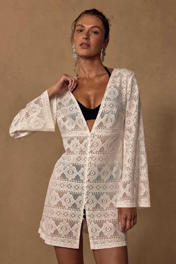 City of Angels White Crochet Lace Button-Up Swim Cover-Up 1