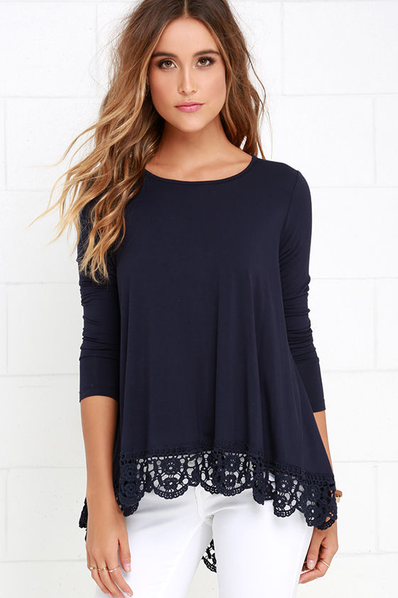 Cute Navy Blue  Top Long Sleeve Top Crochet Top 35 00