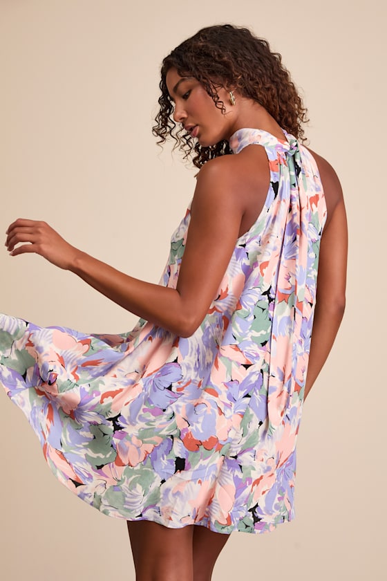 Tied Back To You Lavender Multi Floral Print Mini Shift Dress 3