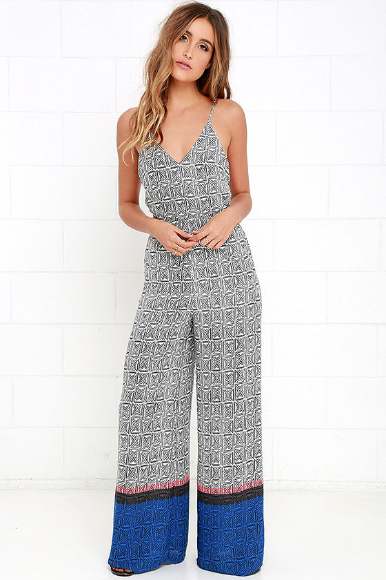 Cool Black and White Print Jumpsuit - Backless Jumpsuit - Wide-Leg ...