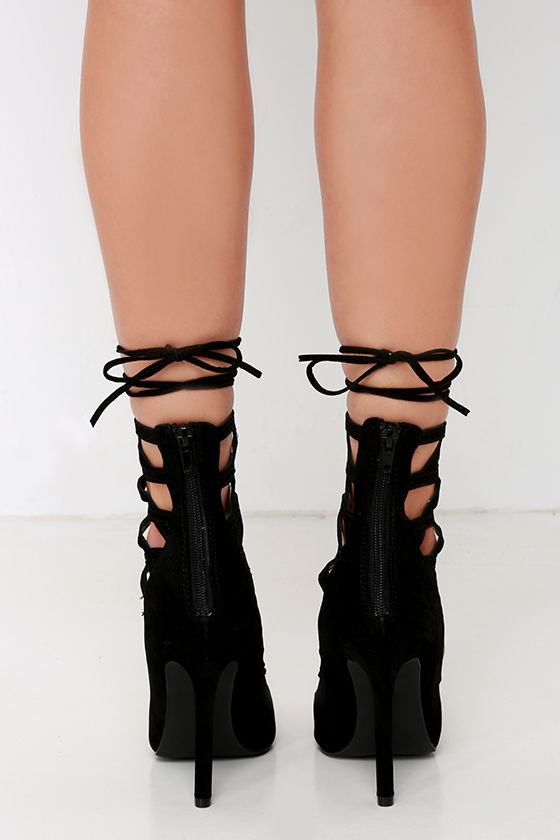 Sexy Pointed Heels - Lace-Up Heels - Vegan Black Suede Heels