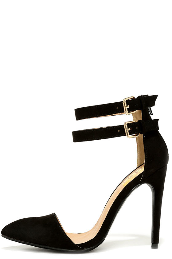 See Your Point Black Suede Ankle Strap Pumps