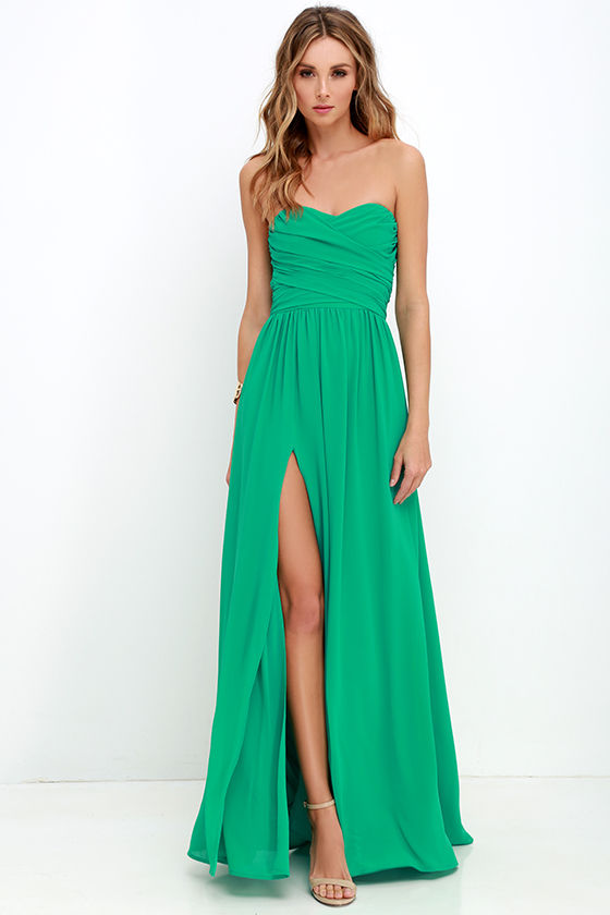 green strapless gown