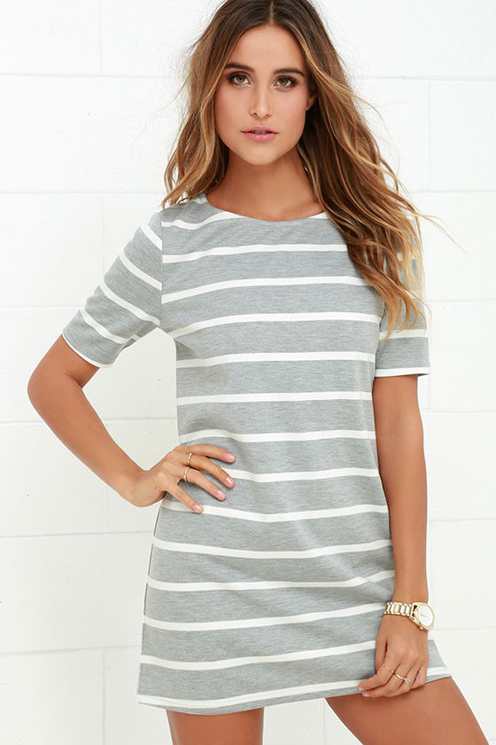 gray and white striped dress