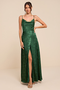 Simply Dreamy Emerald Green Satin Floral Jacquard Maxi Dress 2