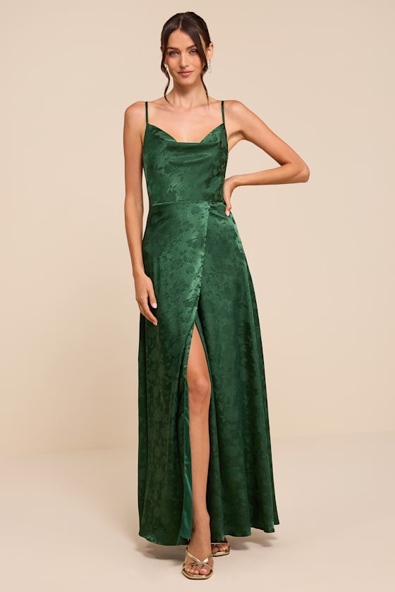 Simply Dreamy Emerald Green Satin Floral Jacquard Maxi Dress 2