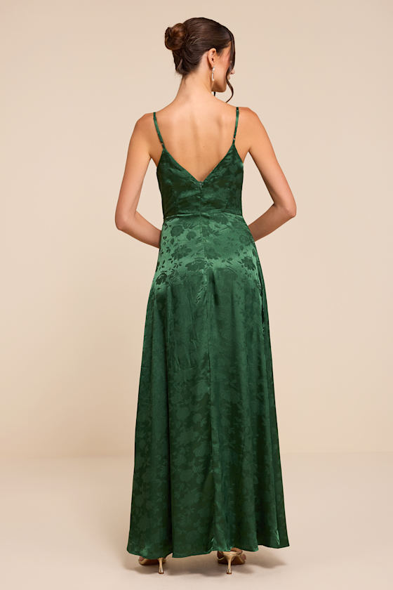 Simply Dreamy Emerald Green Satin Floral Jacquard Maxi Dress - thumbnail 3
