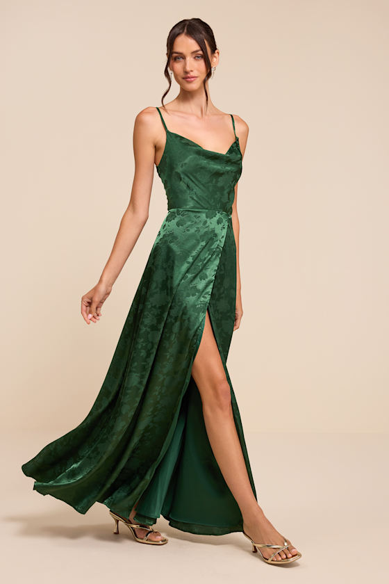 Simply Dreamy Emerald Green Satin Floral Jacquard Maxi Dress - thumbnail 4