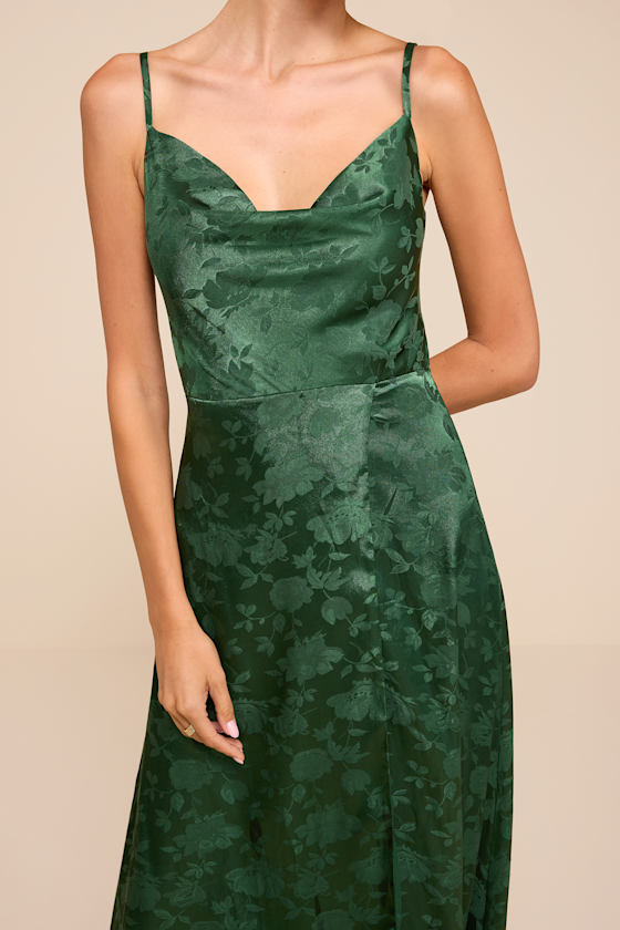 Simply Dreamy Emerald Green Satin Floral Jacquard Maxi Dress - thumbnail 5