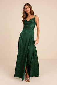 Simply Dreamy Emerald Green Satin Floral Jacquard Maxi Dress 2