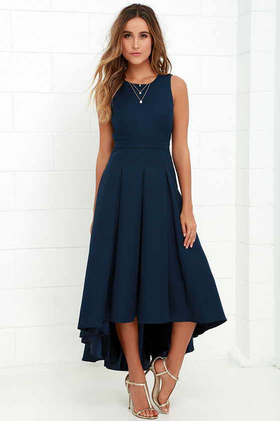 navy blue dress with white trim