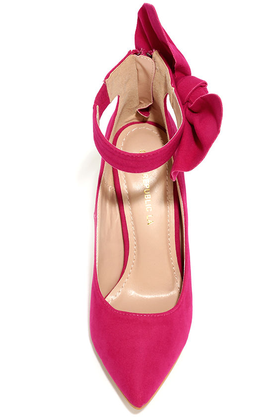 Cute Fuchsia Heels - Bow Heels - Bow Pumps - Velvet Heels - $39.00
