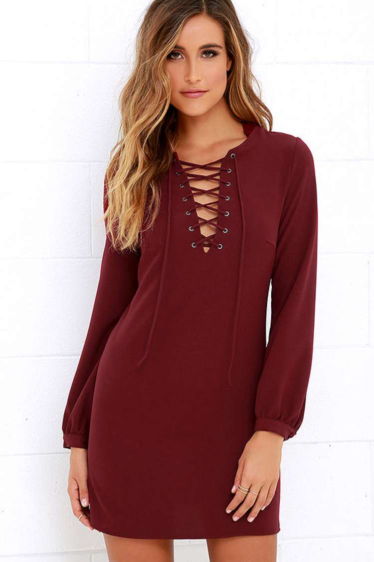 burgundy lace up dress Burgundy Evening Dress A-Line Bateau Neck Short Sleeve Lace Up Buttons —  Bridelily main image 1